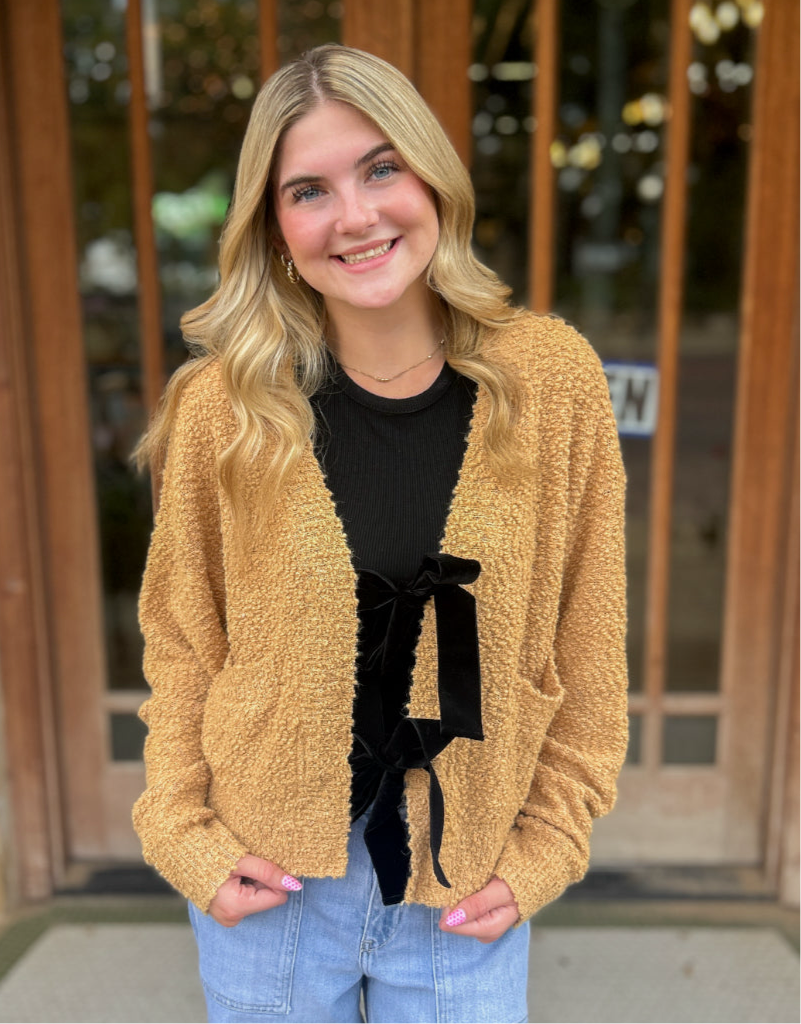 Tops | Sweater Cardigan Camel Textured Popcorn Velvet Bow Tie Front