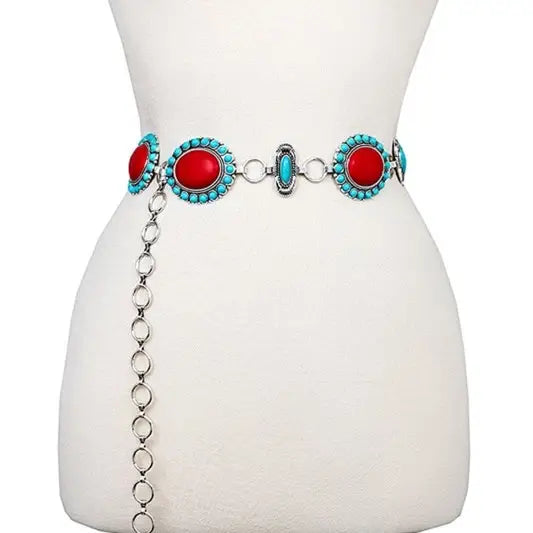 Belt - Coral & Turquoise Oval Gemstone Link