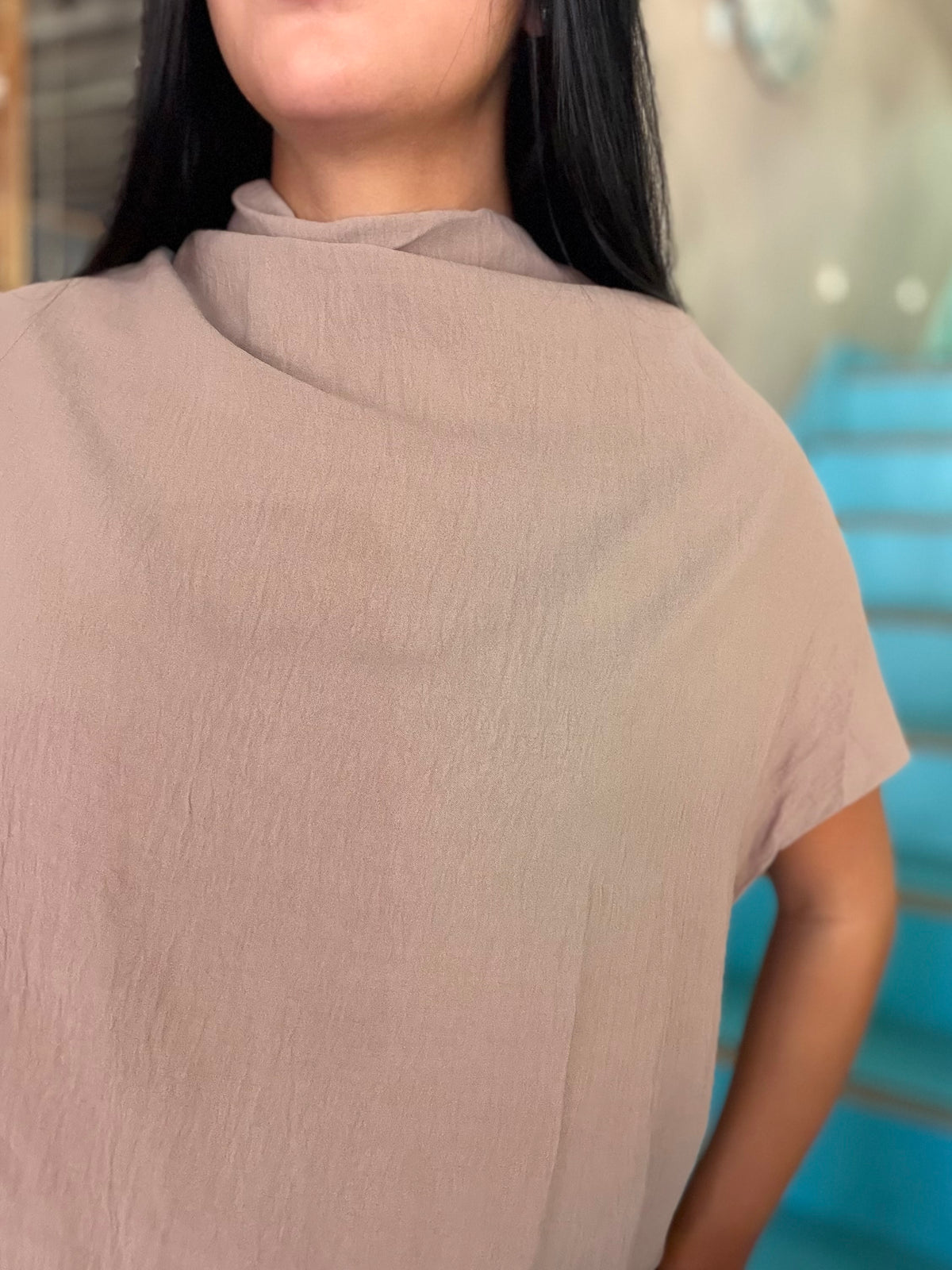 Blouse - Latte Draped Mock Neck