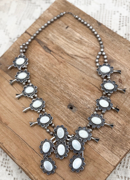 Native American Sterling Sliver Vintage White Pearl Squash Blossom Necklace