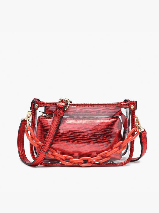 Metallic Red Jessica Clear Crossbody w/ Chain