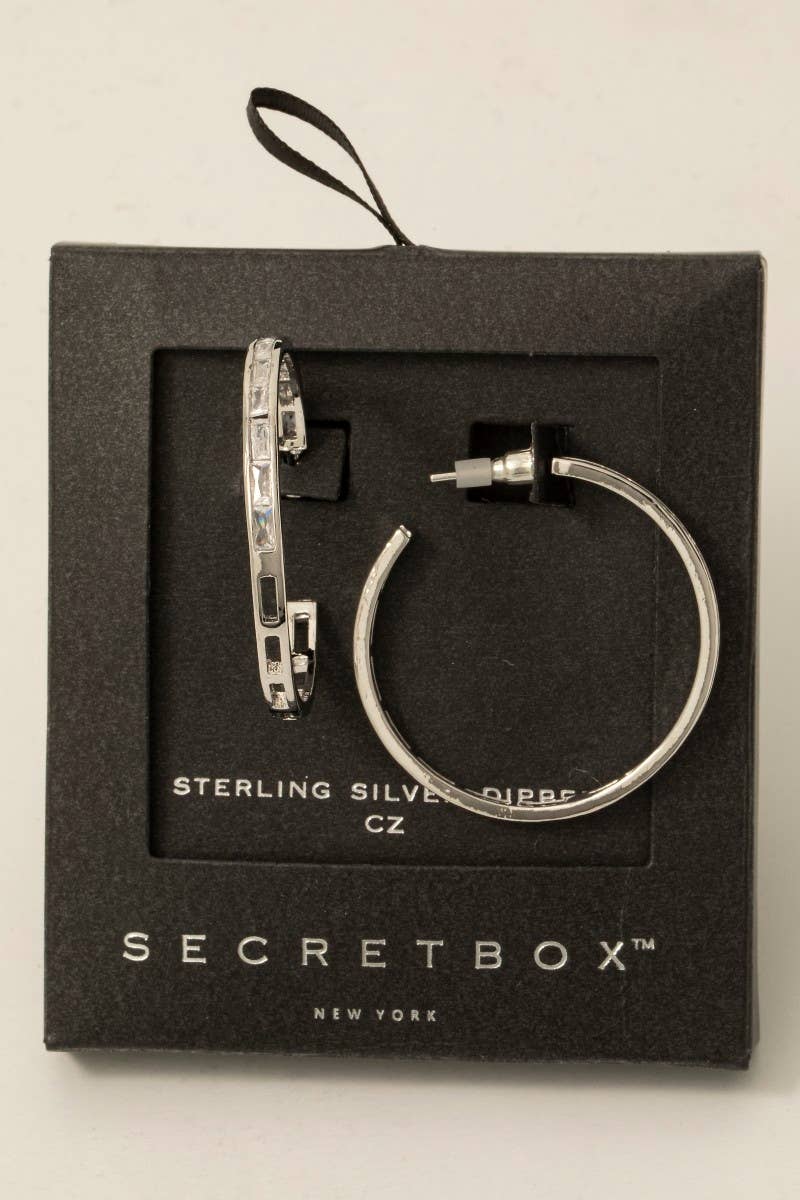 Secret Box Gold Dipped Cz Baguette Pave Hoop Earrings