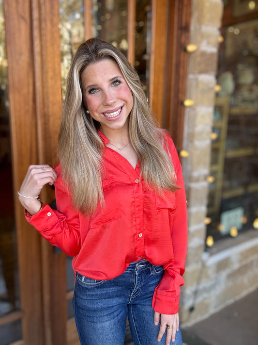 Tops | Blouse Tomato Red Silky Button Down Long Sleeve
