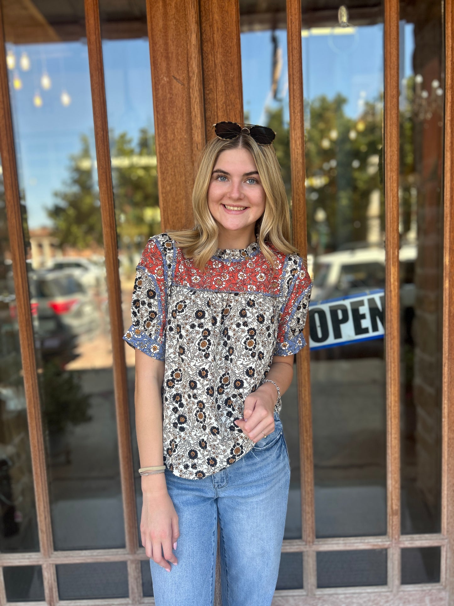 Tops | THML Blouse Cream Multi Flower Short Sleeve Pattern