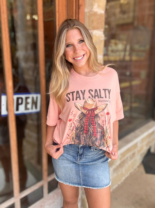 Tops | Tee Cropped Stay Salty Christian Graphic Relaxed Fit