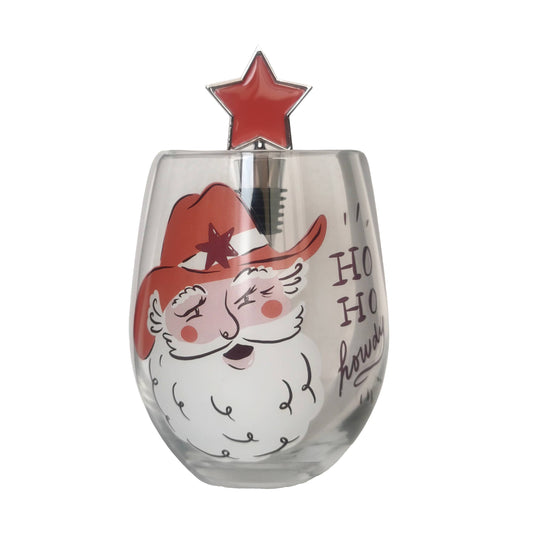Kitchen | Wine Glass Cowboy Santa Stemless with Stopper 20oz