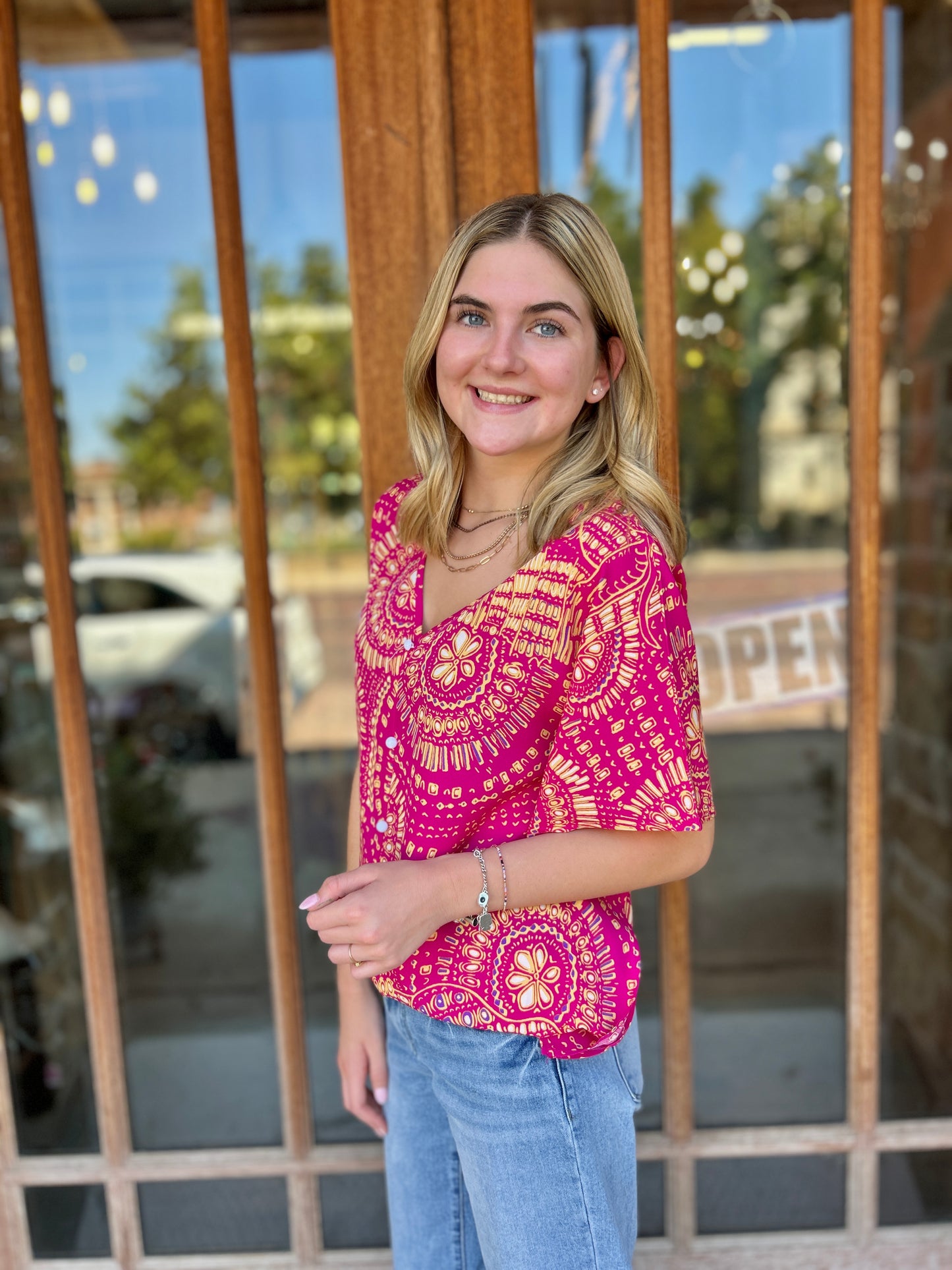 Tops | Blouse Red Printed V-Neck