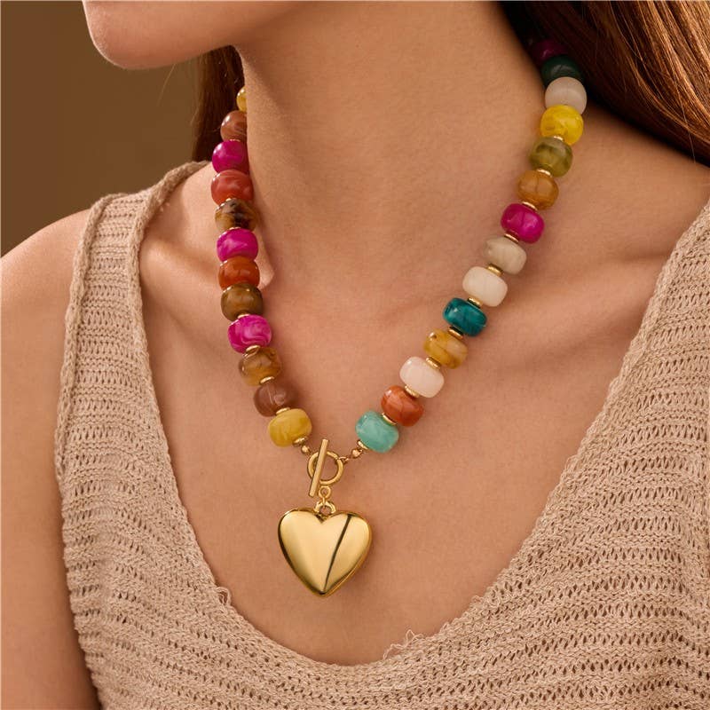 Necklace - Multi Beaded Heart Charm Toggle