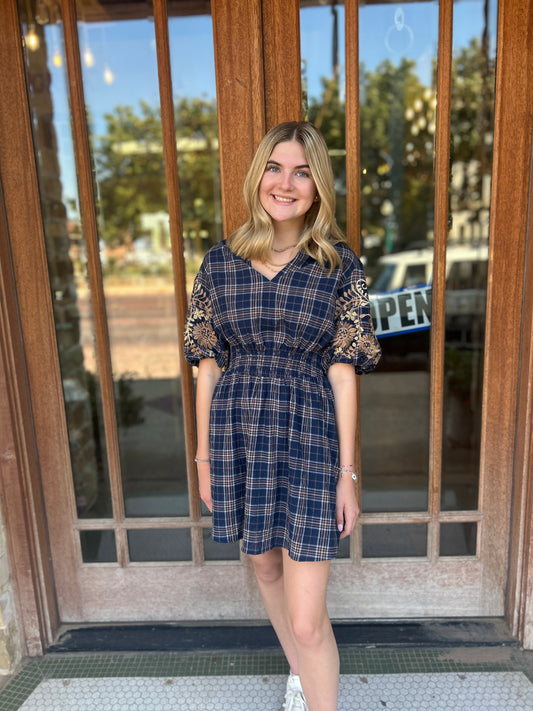 Dress | THML Embroidered Puff Sleeve Gingham