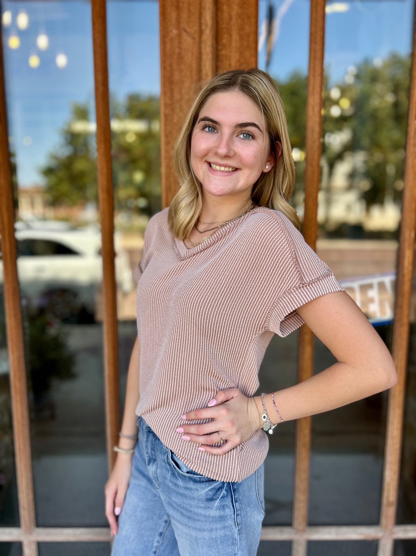 Tops | Brown Ribbed Short Sleeve V-Neck