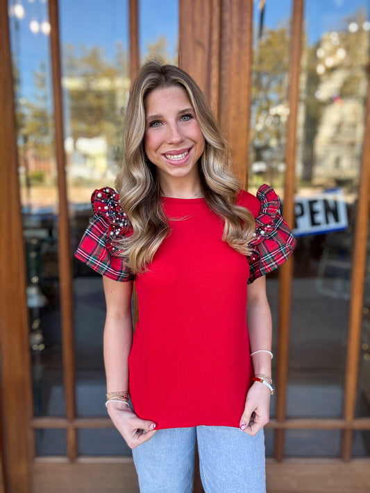 Red Ruffle Sleeve Blouse