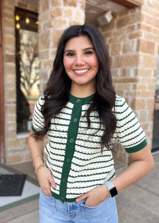 Top | Dark Green Striped Knit Sweater Vest W Buttons