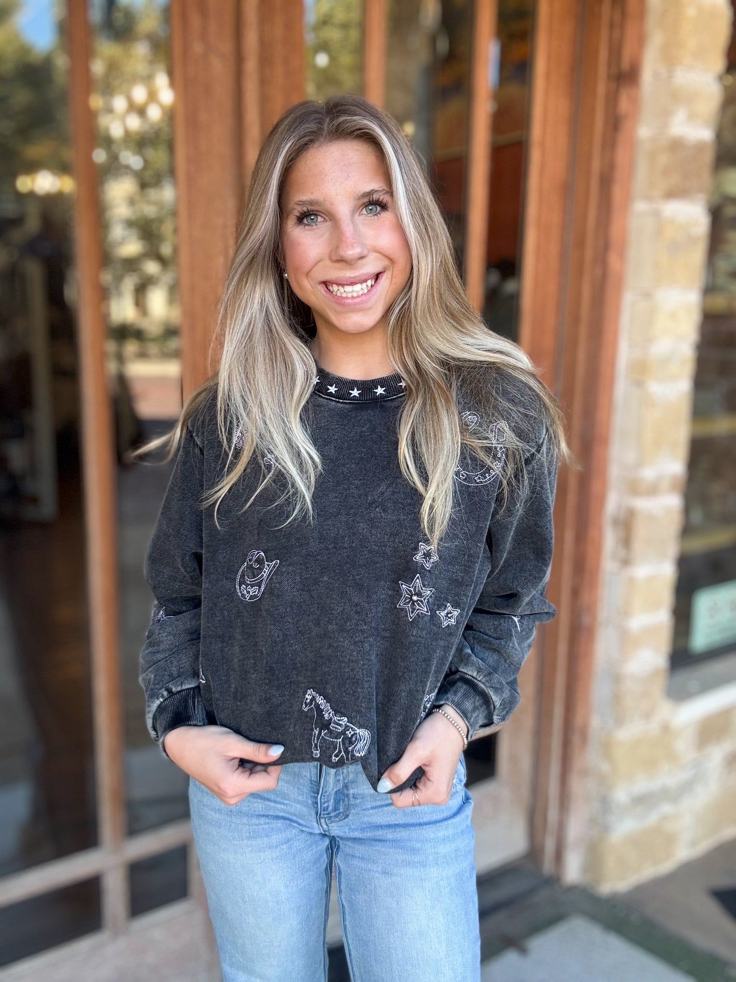 Tops | Sweatshirt Gray Mineral Wash Western Embroidered