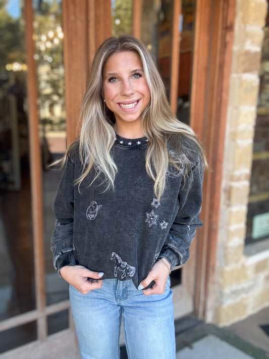 Tops | Sweatshirt Gray Mineral Wash Western Embroidered