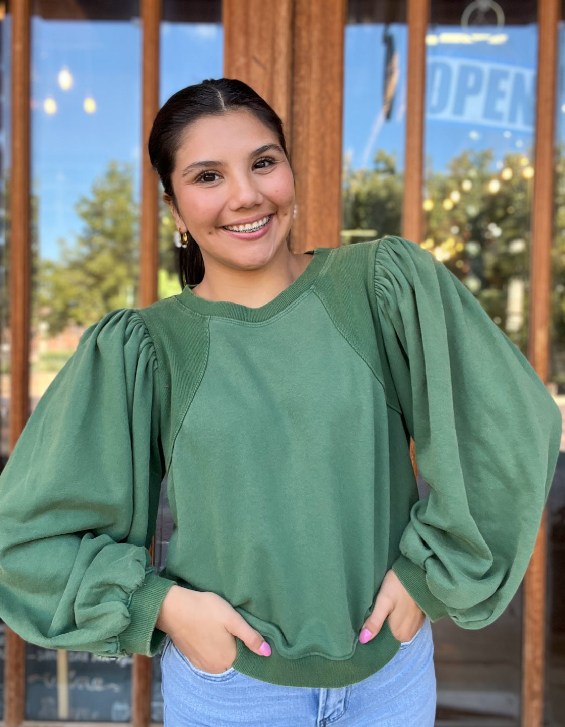 Top | Jodifl Blouse Hunter Green Crop Long Sleeve