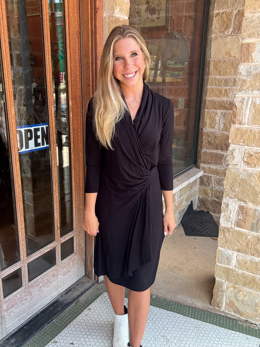 Dresses | Karen Kane Black Cascade Wrap 3/4 Sleeve