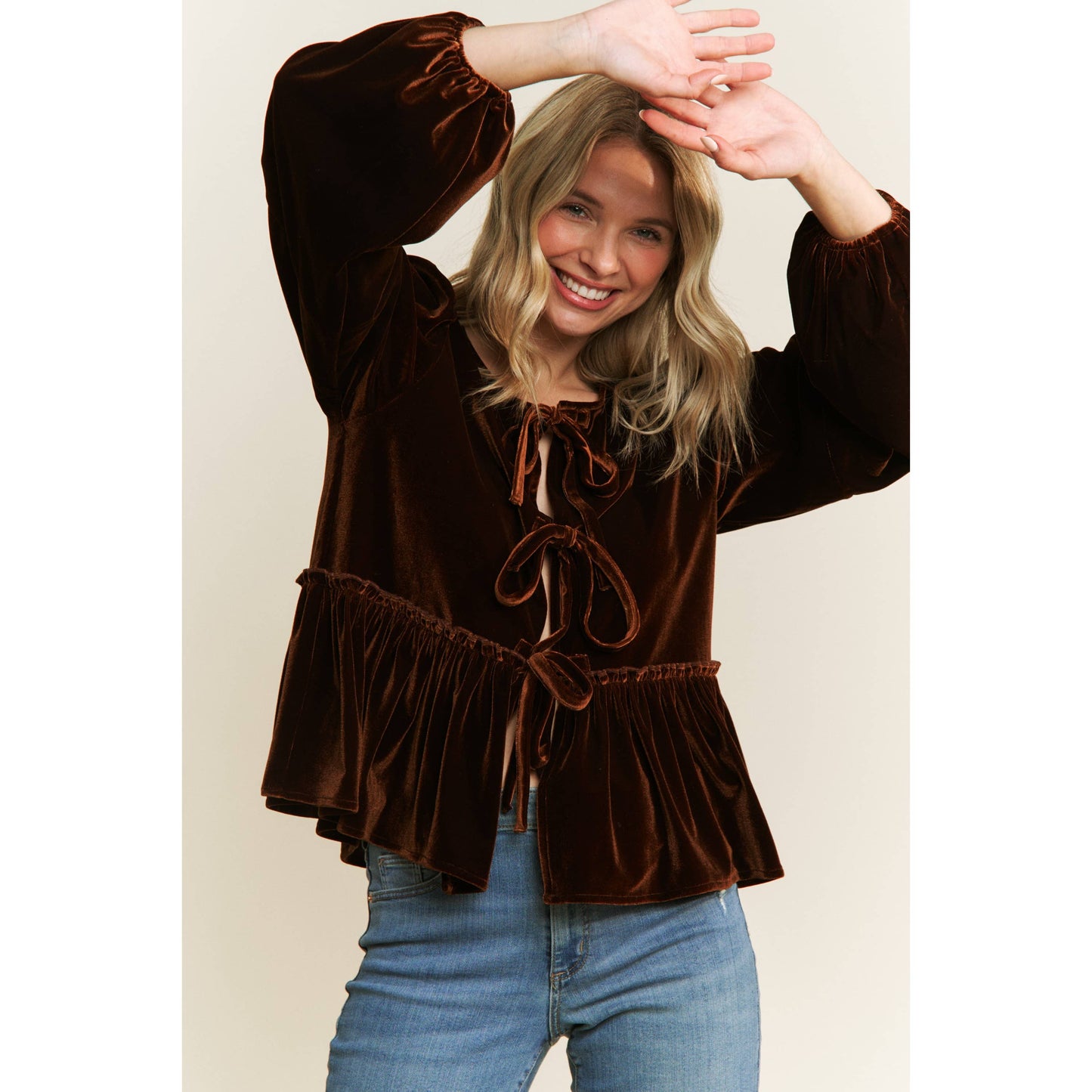 Tops | Blouse Velvet Open Front Babydoll W/Bow Detail