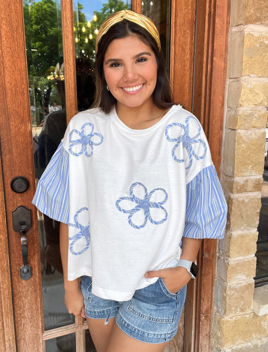 Tops | Blouse Off White Flower Embroidered French Terry