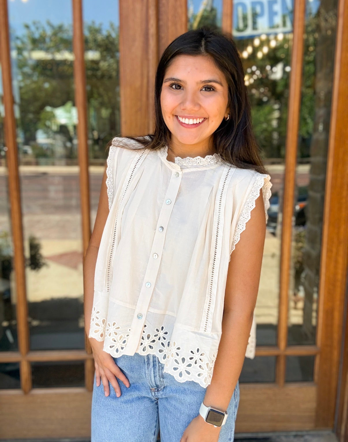 Blouse - Eyelet Button Front Pleated