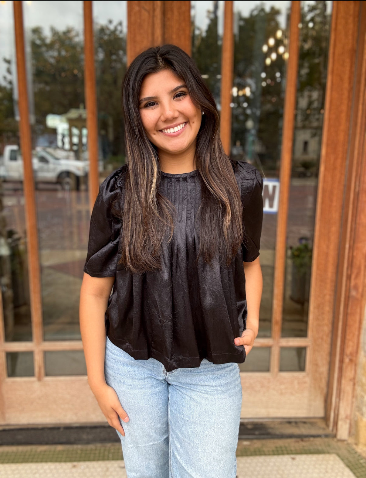 Tops | Blouse Black Metallic Pleated Detail With Sleeves