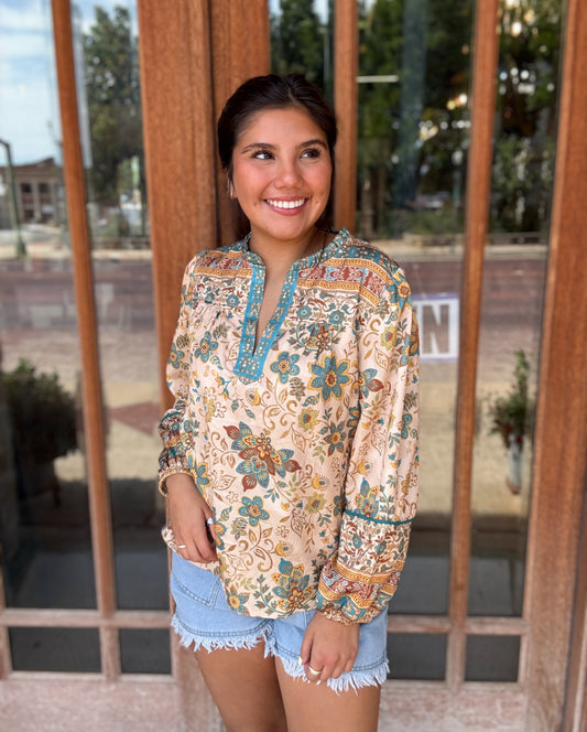 Top | Blouse Taupe Teal Ruffled Collared Split Neck Long Sleeve