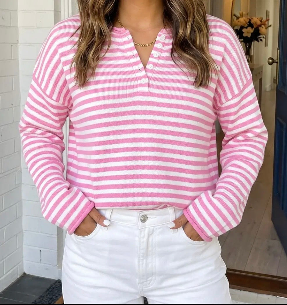 Sweater - Pink Henley Striped