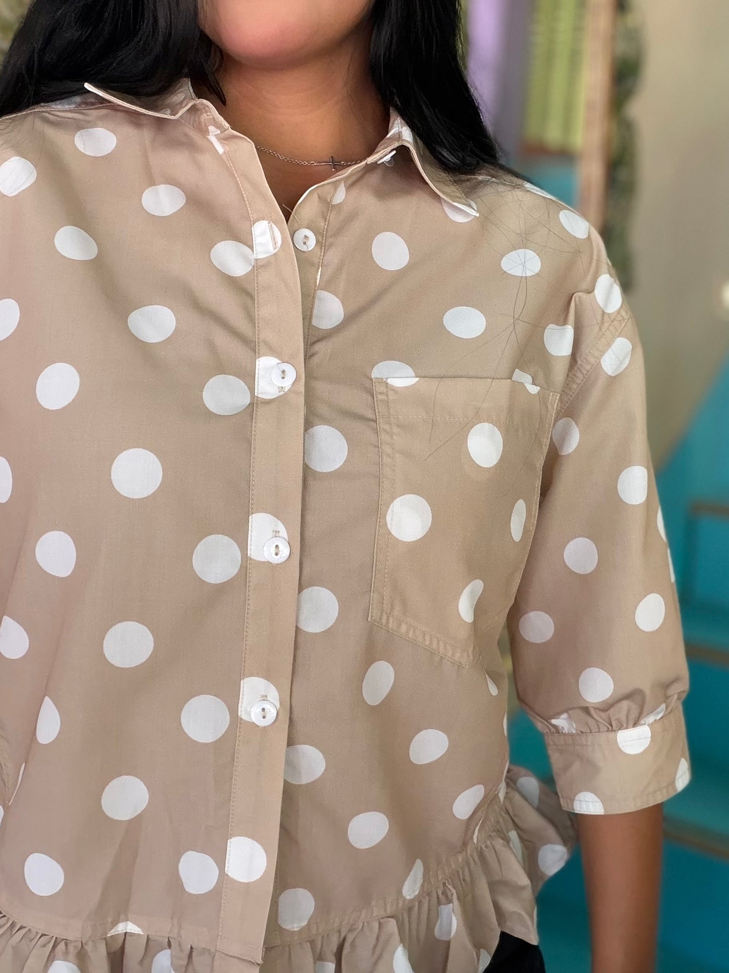 Blouse - Latte Polka Dot Ruffle