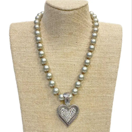 Necklace | Rhinestone Heart Pendant On Faux Navajo Pearl Necklace