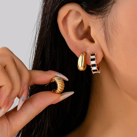 Earrings - Checker Textured Huggie Hoop Trio