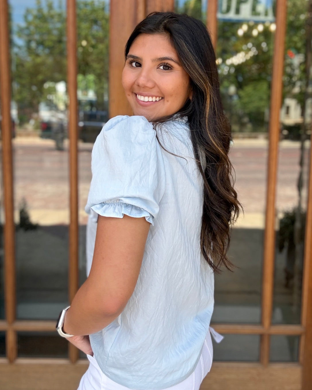 Blouse - Blue Pleated Yoke Detail