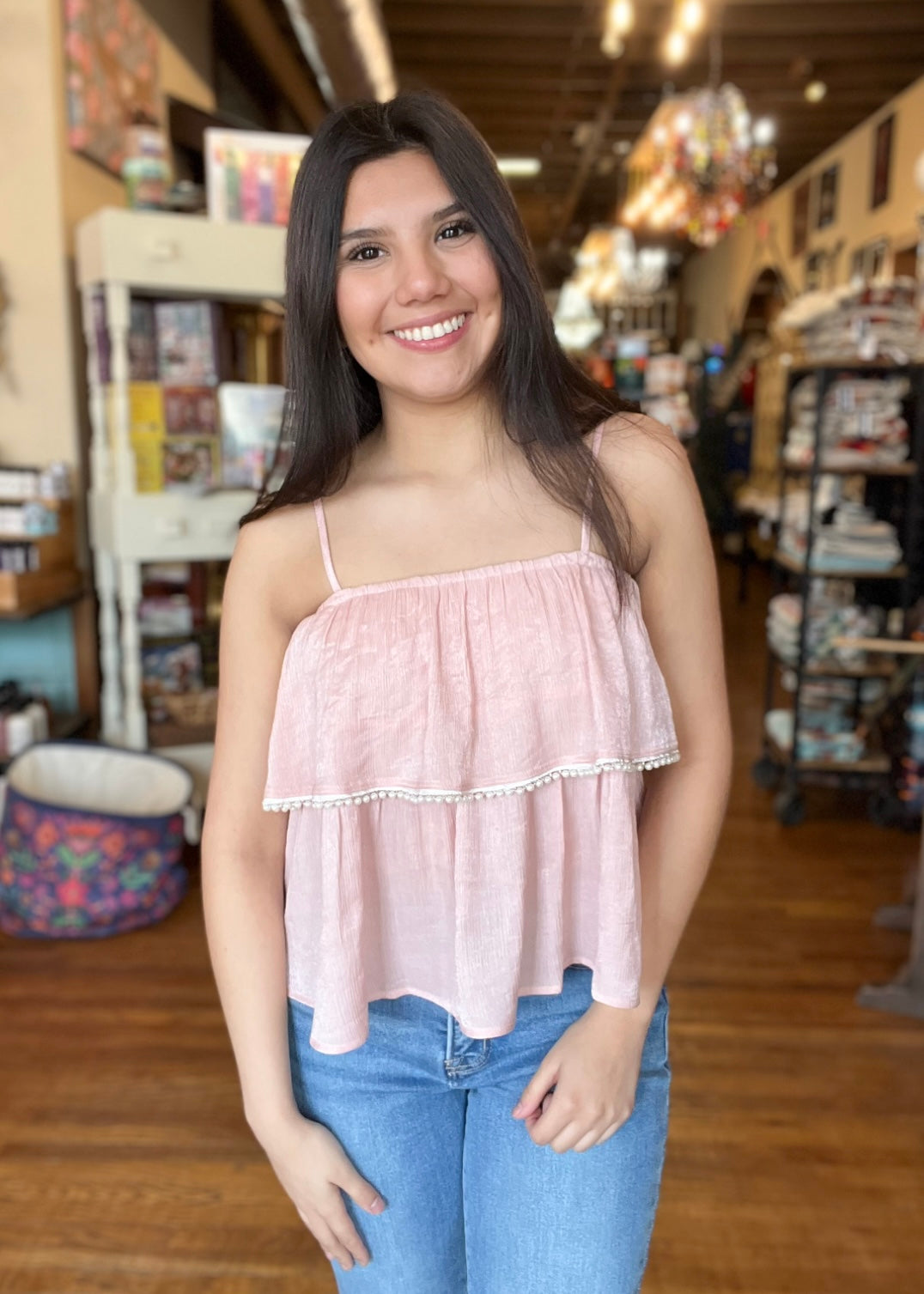 Tops | Pink Shimmer Tiered Ruffled Top with Pearl Details