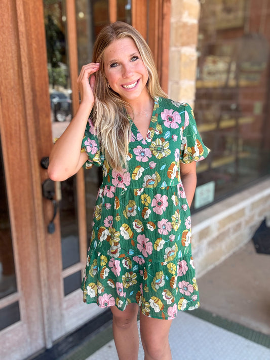 Dress | Green Short Sleeve V-Neck Floral Print Dress