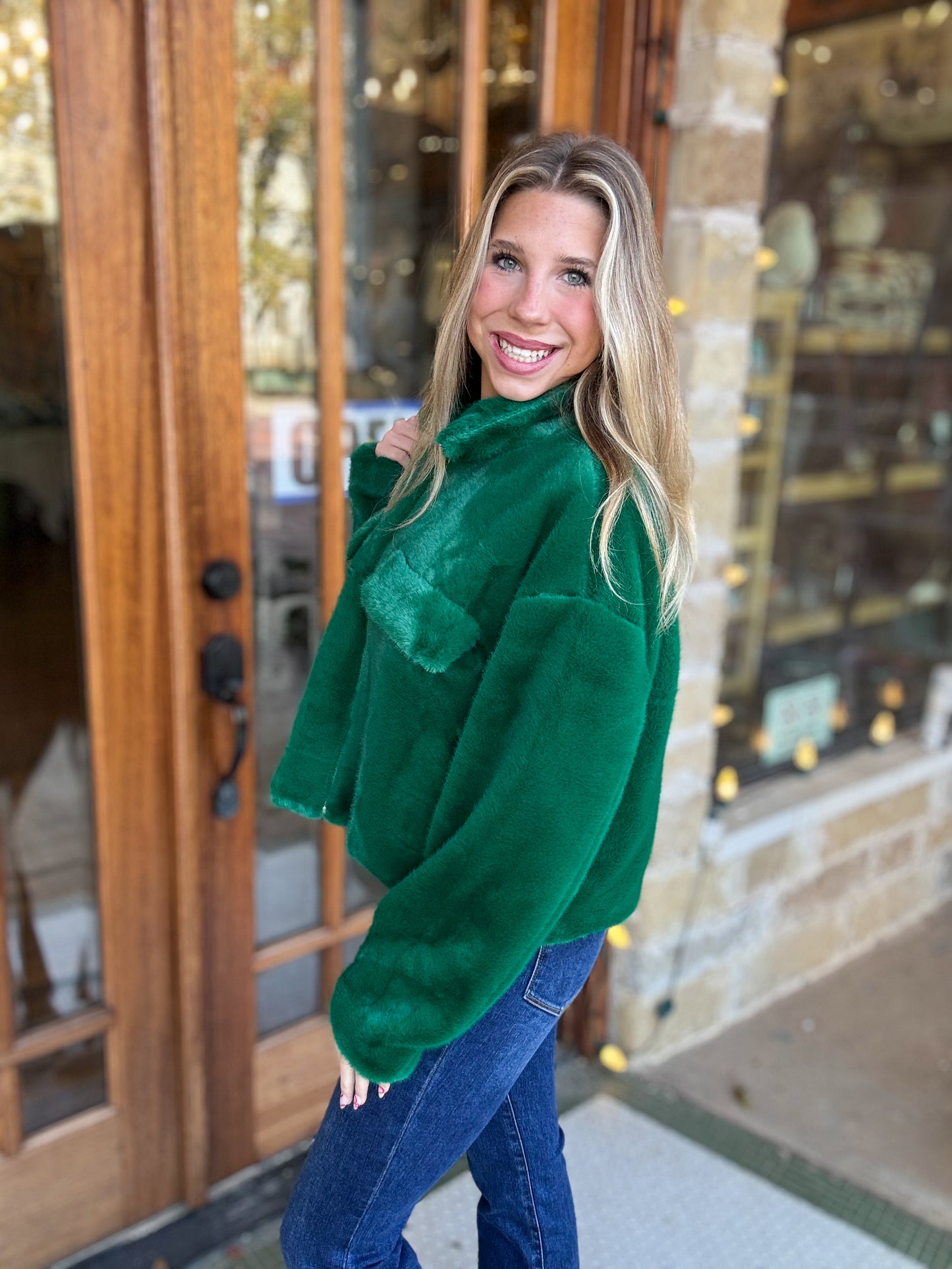 Jacket | Faux Fur Crop Zip-Up Green