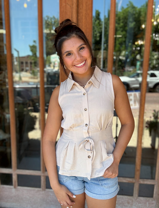 Top | Blouse Natural Pleated Detail Linen Blend Button Down
