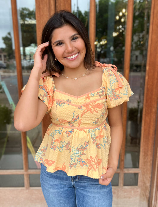 Top| Yellow Puff Sleeved Blouse With Floral Print And Bows
