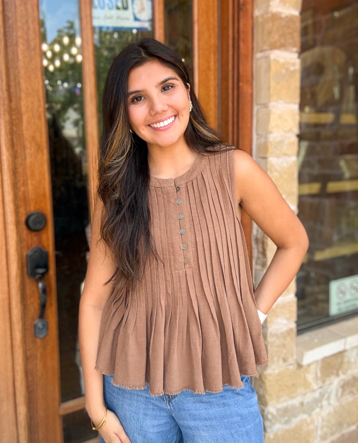 Blouse - Pleated Button Front Mocha