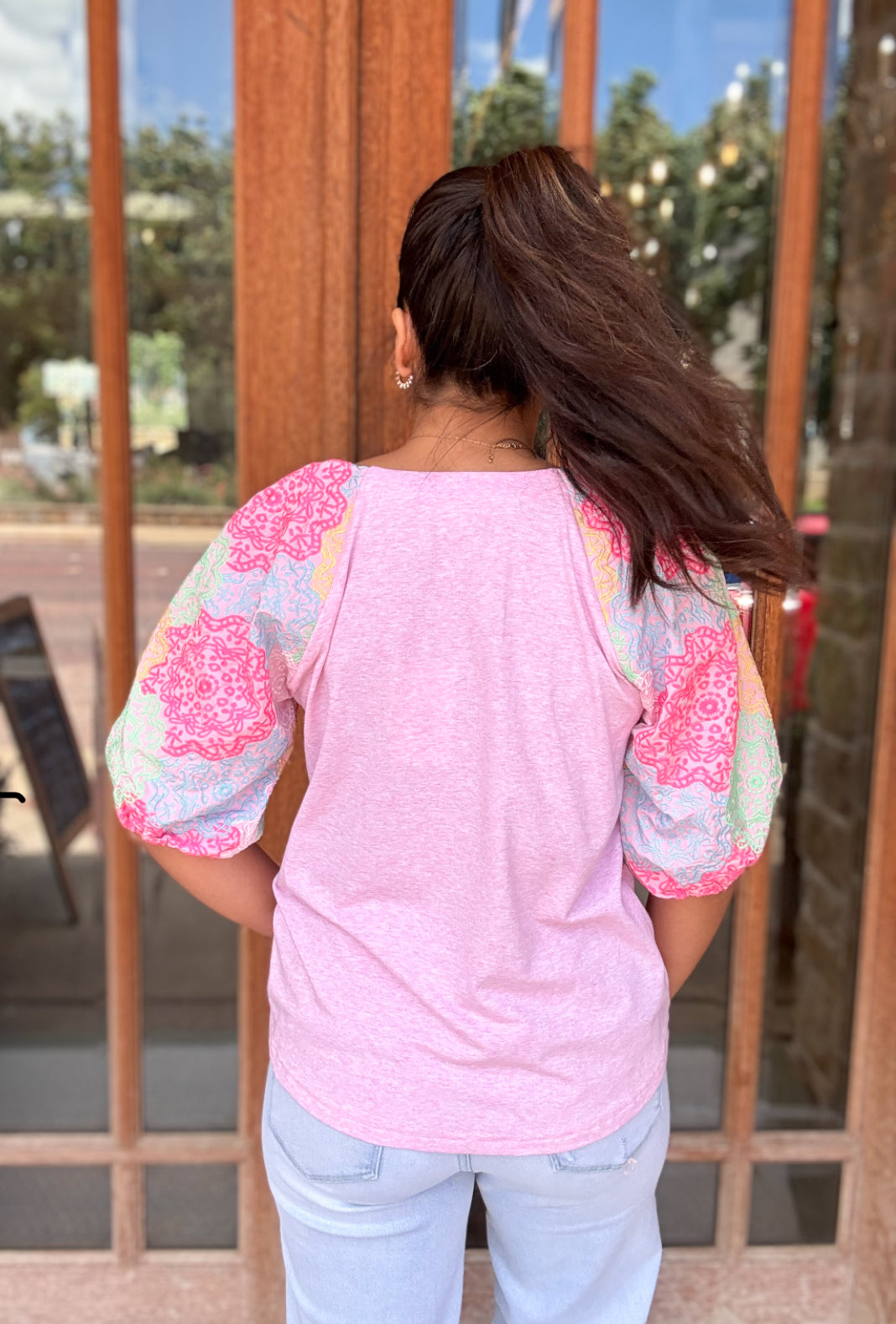 Tops | THML Blouse Embroidered Puff Sleeve