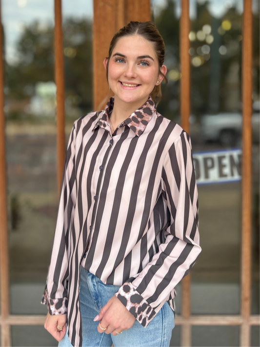 Tops | Blouse Striped And Leopard Print Coffee
