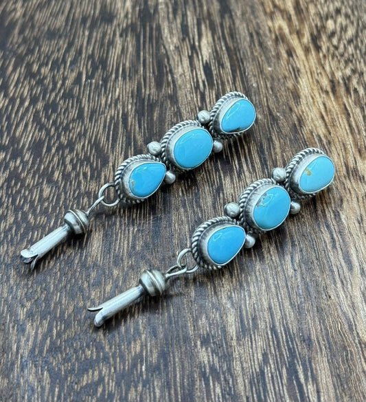 Navajo Handmade Sterling Silver Kingman Turquoise Blossom Post Dangle Earrings