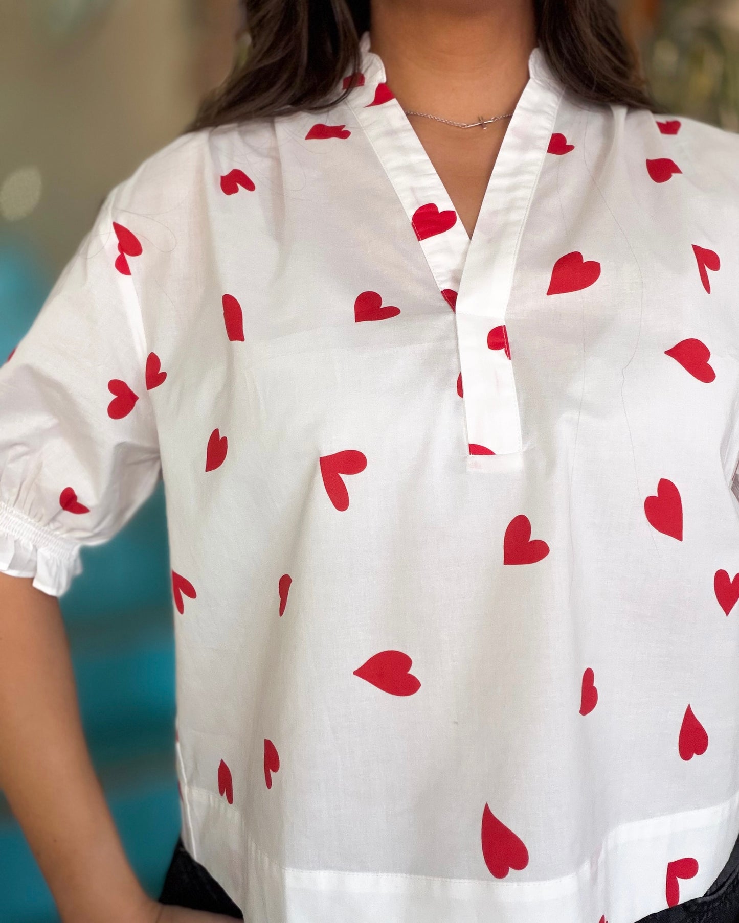 Blouse - Heart Print V-Neck