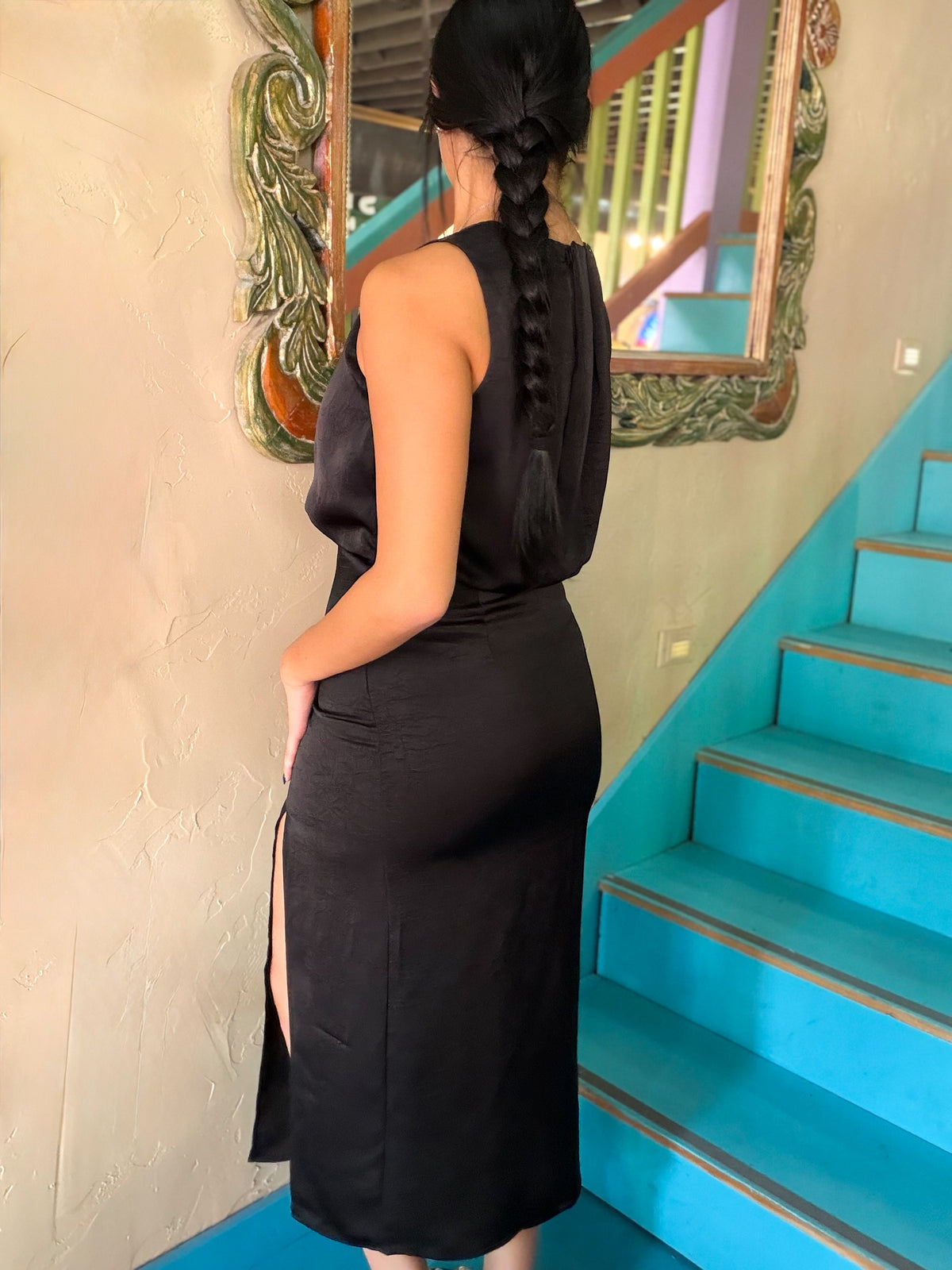 Dress - Black Silky Side Slit Midi