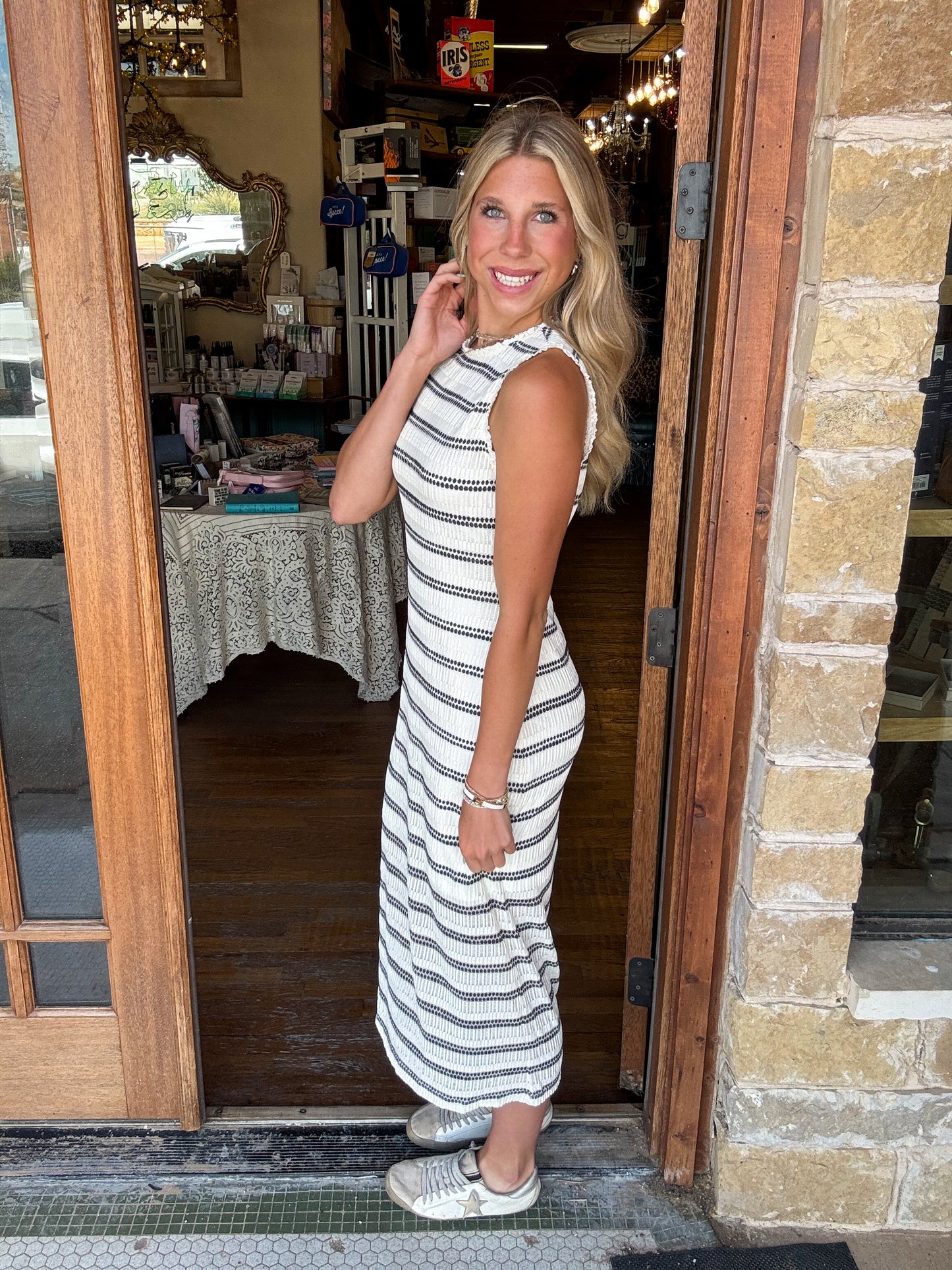 Ivory Stripe Lace Midi Dress