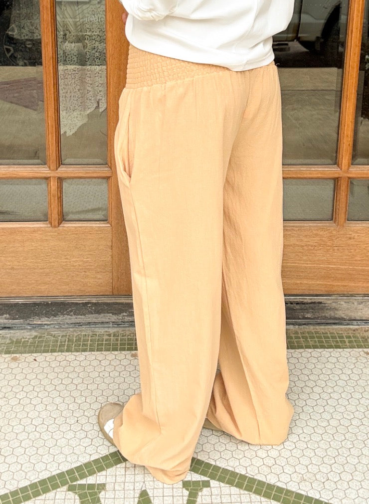 Trousers - Camel Smocked Wide Leg