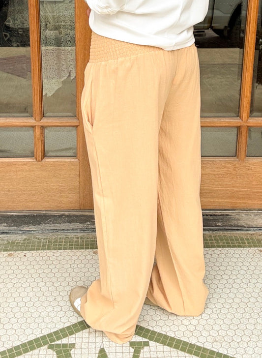 Trousers - Camel Smocked Wide Leg