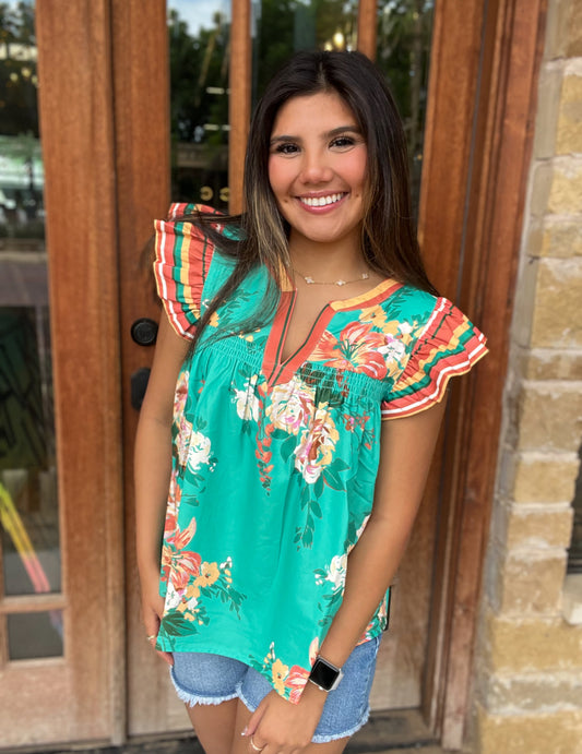Tops | Blouse Floral Printed with Border Flutter Sleeve and Placket