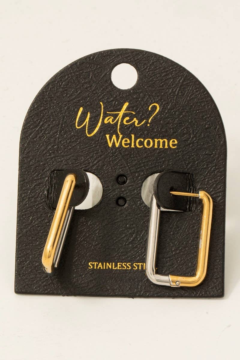 Stainless Steel Two Tone Rectangle Hinge Hoop Earrings