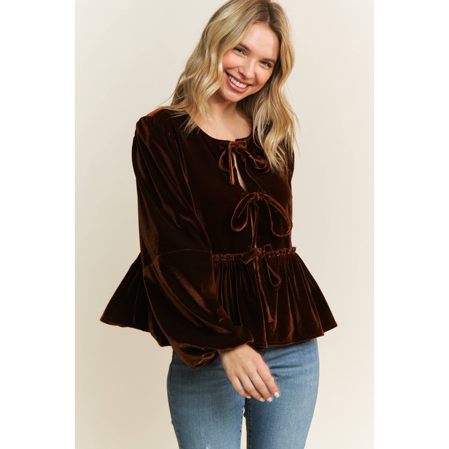 Tops | Blouse Velvet Open Front Babydoll W/Bow Detail