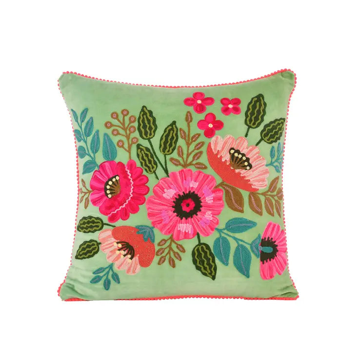 Linens | Aqua Floral Velvet Throw Pillow