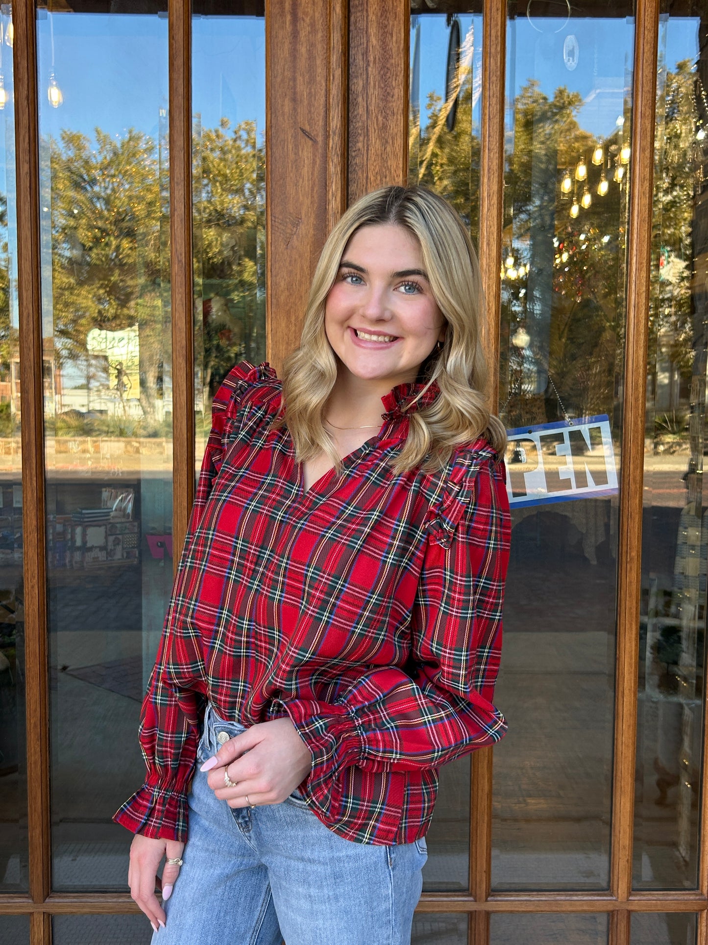 Christmas Checkered Plaid Smocked Top
