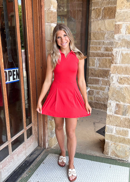 Athleisure | Tennis Dress Red Racer Back Collar Pleated